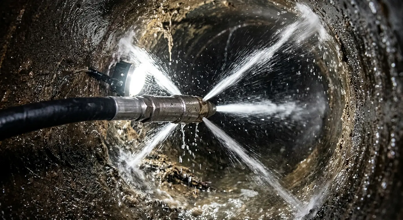 High-pressure hydro jetting nozzle cleaning sewer pipe for Sewer Cleanout in Duryea