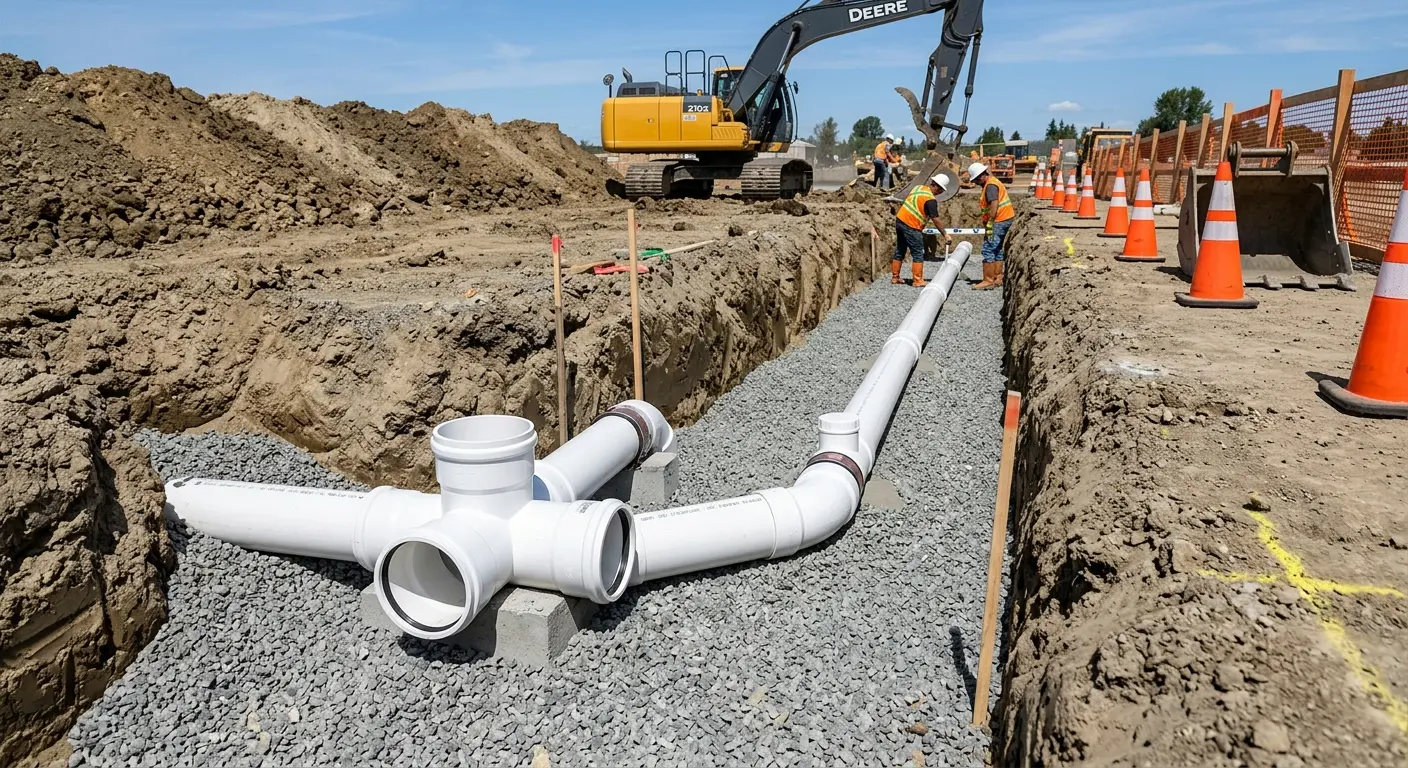 New PVC sewer pipe installation in open trench for Sewer Backup in Duryea