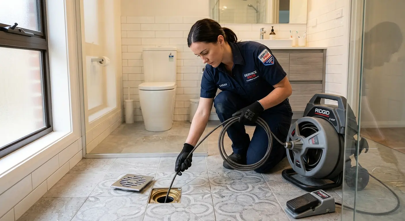 Technician clearing a bathroom floor drain for Drain Cleaning in Duryea